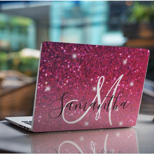 Modern Red  Pink Glitter Sparkles Name HP Laptop Skin