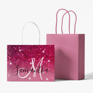 Modern Red & Pink Glitter Sparkles Name Large Gift Bag