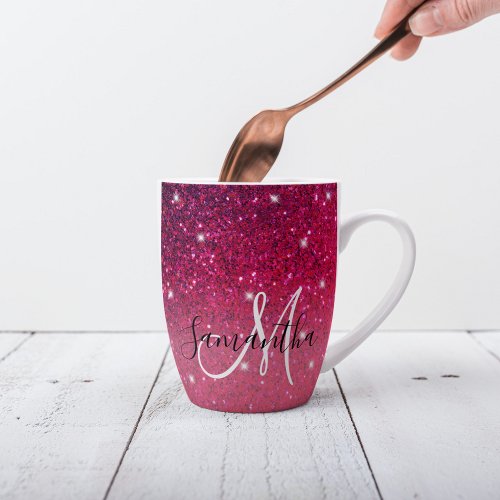 Modern Red  Pink Glitter Sparkles Name Latte Mug