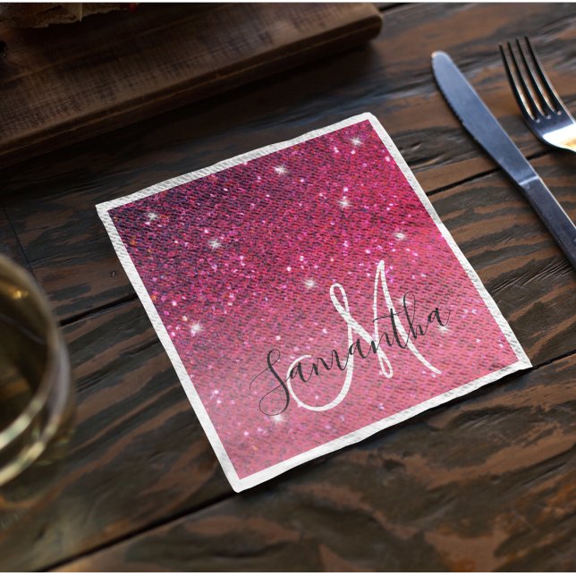 Modern Red & Pink Glitter Sparkles Name Napkins (Creator Uploaded)