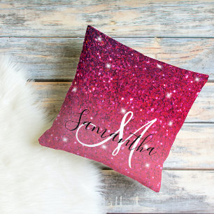 Modern Red & Pink Glitter Sparkles Name Outdoor Pillow