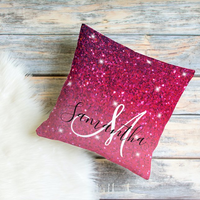 Modern Red & Pink Glitter Sparkles Name Outdoor Pillow (Creator Uploaded)