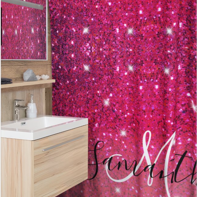 Modern Red & Pink Glitter Sparkles Name Shower Curtain (Creator Uploaded)