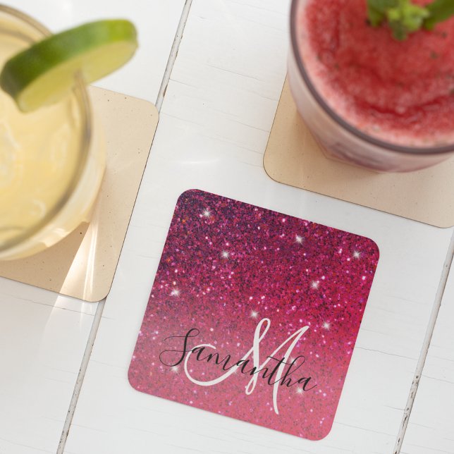 Modern Red & Pink Glitter Sparkles Name Square Paper Coaster (Creator Uploaded)