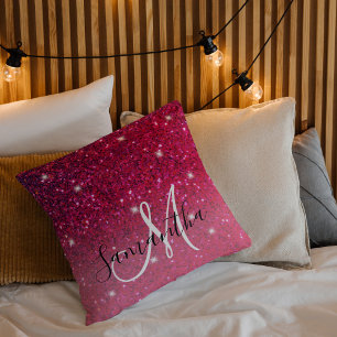 Modern Red & Pink Glitter Sparkles Name Throw Pillow