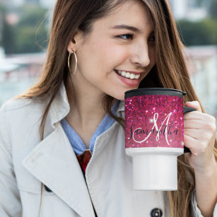Modern Red & Pink Glitter Sparkles Name Travel Mug