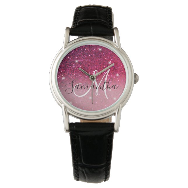 Modern Red & Pink Glitter Sparkles Name Watch (Front)