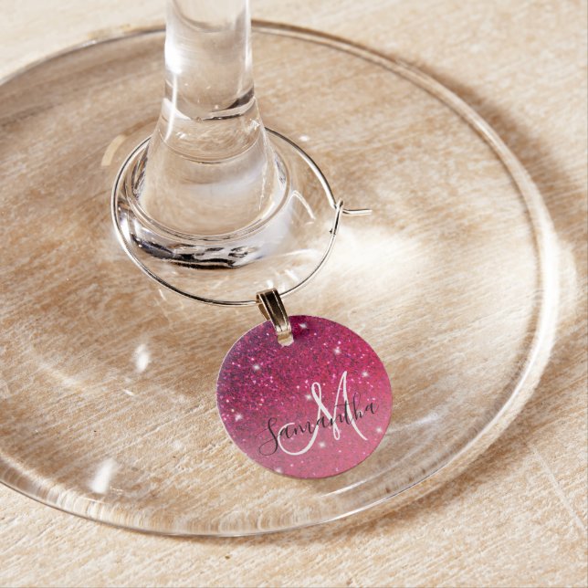 Modern Red & Pink Glitter Sparkles Name Wine Charm (In Situ)