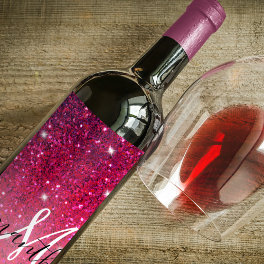 Modern Red & Pink Glitter Sparkles Name Wine Label
