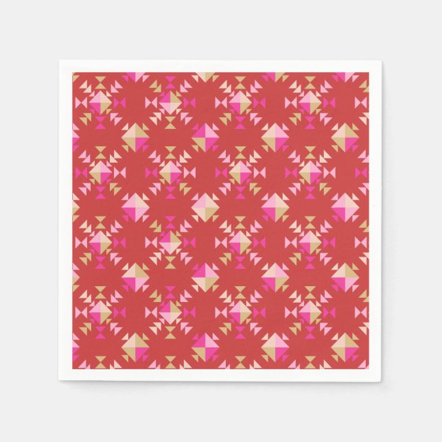 Modern Red Pink Gold Geometric Snowflakes Pattern Napkins (Front)