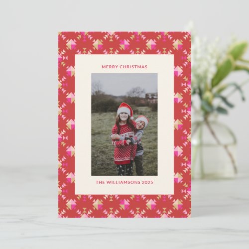 Modern Red Pink Gold Geometric Snowflakes Photo Holiday Card