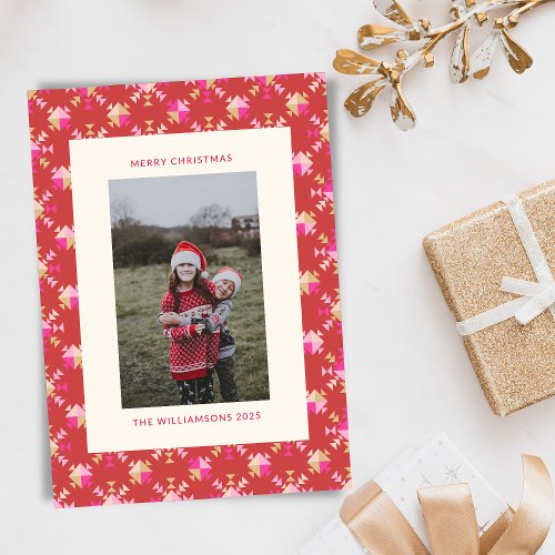 Modern Red Pink Gold Geometric Snowflakes Photo Holiday Card