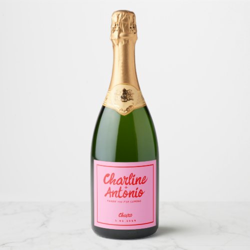 Modern  Red pink Handwriting Retro Wedding   Sparkling Wine Label