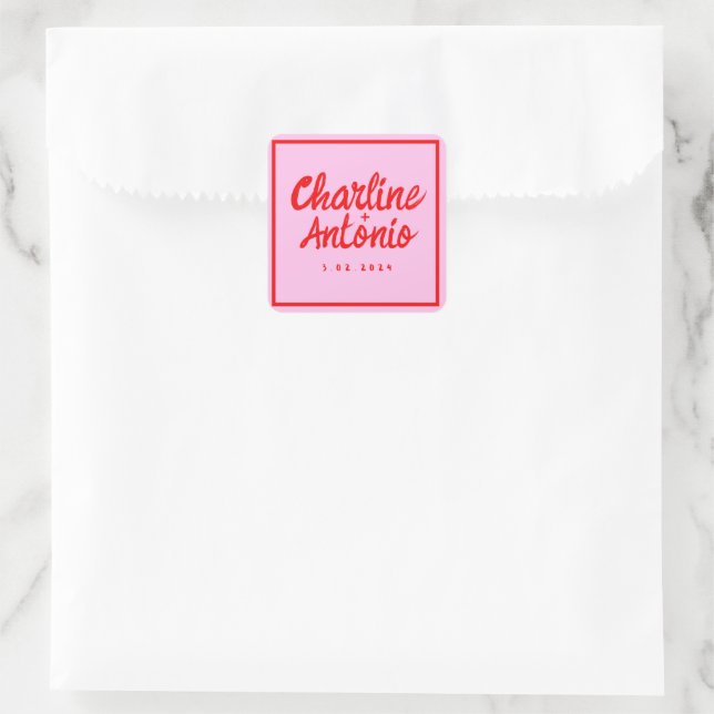 Modern Red pink Handwriting Retro Wedding  Square Sticker (Bag)
