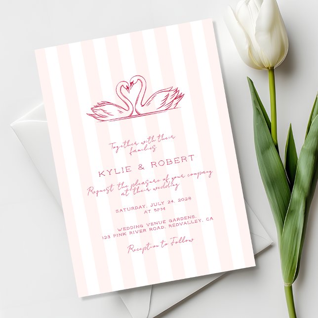 Modern Red Pink Lovely Swans Wedding Invitation (Creator Uploaded)