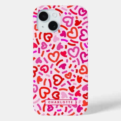 Modern Red Pink Purple Romantic Love Heart Pattern iPhone 15 Case