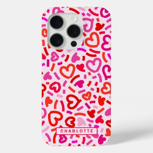 Modern Red Pink Purple Romantic Love Heart Pattern iPhone 15 Pro Case
