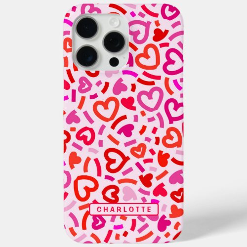 Modern Red Pink Purple Romantic Love Heart Pattern iPhone 15 Pro Max Case