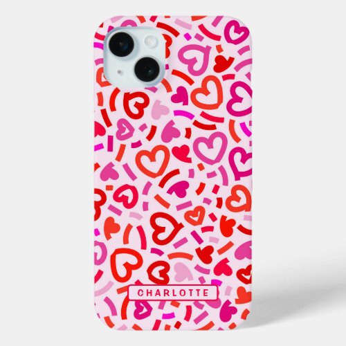 Modern Red Pink Purple Romantic Love Heart Pattern iPhone 15 Plus Case