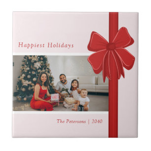 Modern Red & Pink Ribbon Bow Wrap Photo Christmas Ceramic Tile