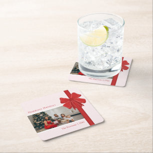 Modern Red & Pink Ribbon Bow Wrap Photo Christmas Square Paper Coaster