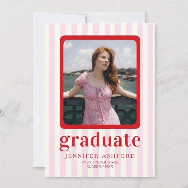 Modern Red & Pink Stripes 2 Photo Graduation Announcement (Front)