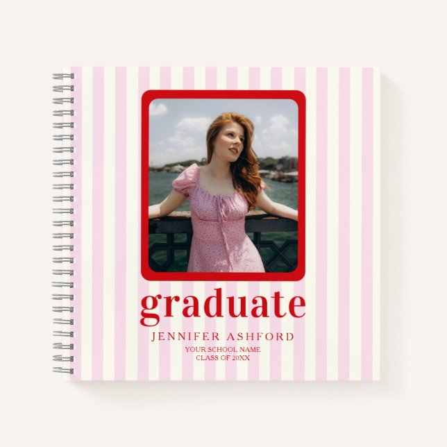 Modern Red & Pink Stripes Photo Graduation Guest Notebook (Front)