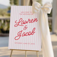 Modern Red Pink Stripes Wedding Welcome Sign