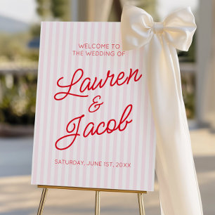 Modern Red Pink Stripes Wedding Welcome Sign
