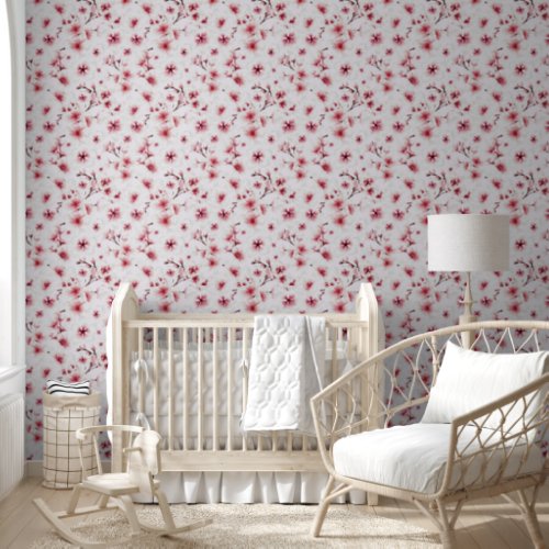 Modern Red Pink White Floral Watercolor Wall Art Wallpaper