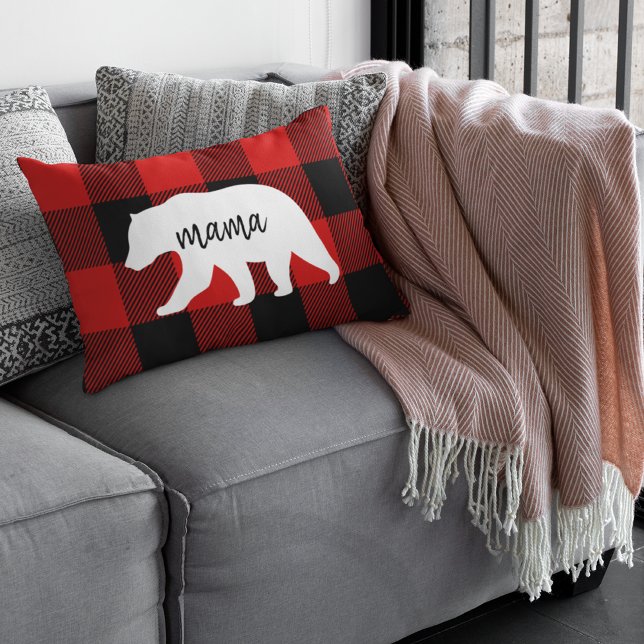 Modern Red Plaid And White Mama Bear Gift Accent Pillow (Creator Uploaded)