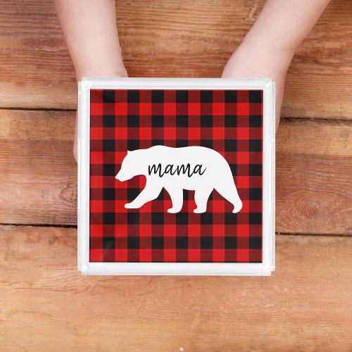 Modern Red Plaid And White Mama Bear Gift Acrylic Tray