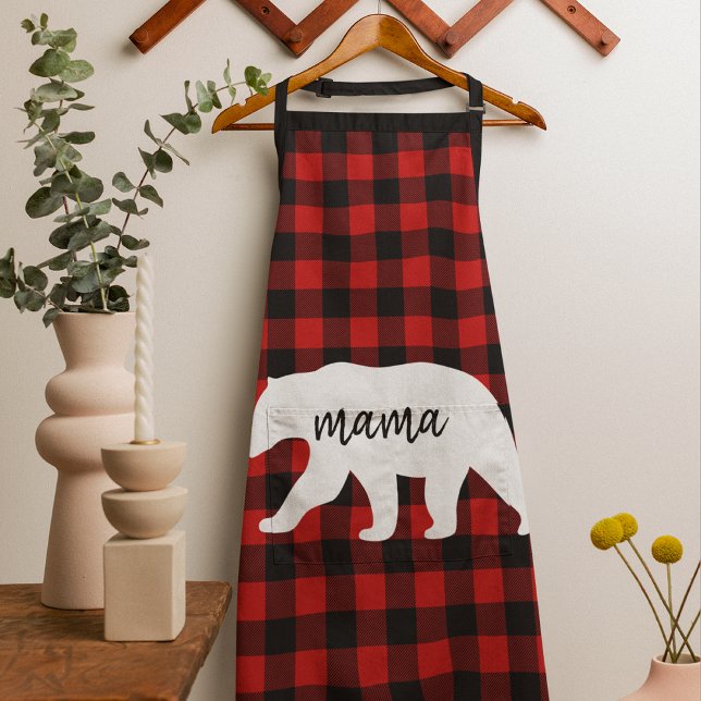 Modern Red Plaid And White Mama Bear Gift Apron (Creator Uploaded)
