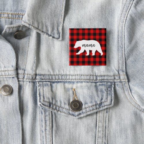 Modern Red Plaid And White Mama Bear Gift Button