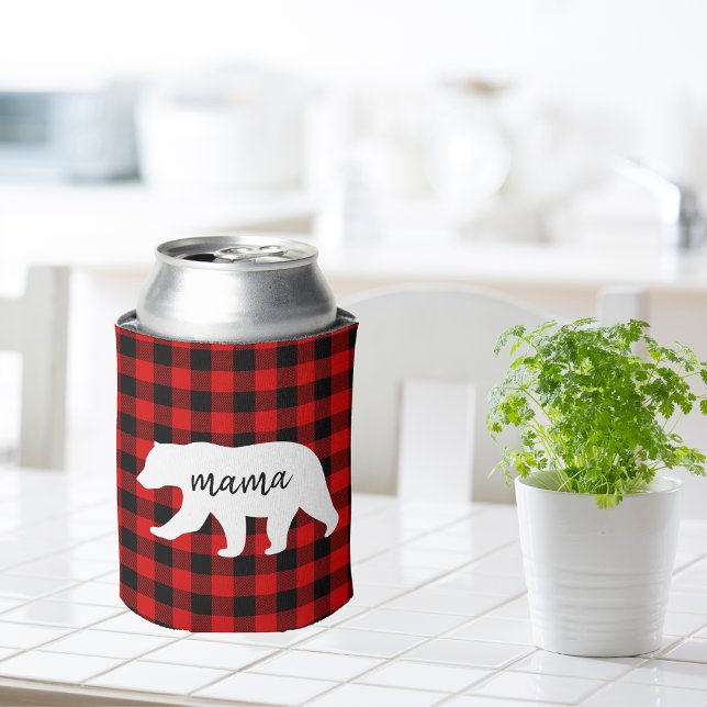 Modern Red Plaid And White Mama Bear Gift Can Cooler (Creator Uploaded)