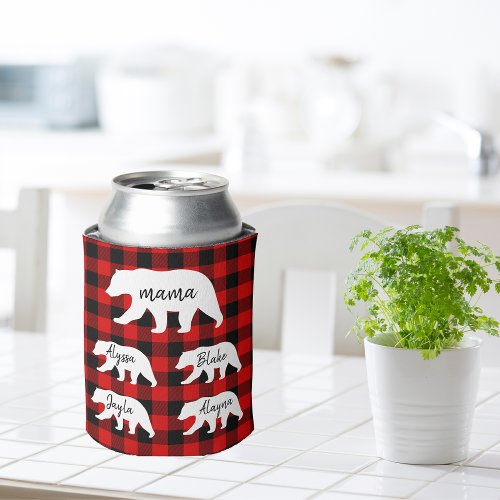 Modern Red Plaid And White Mama Bear Gift Can Cooler