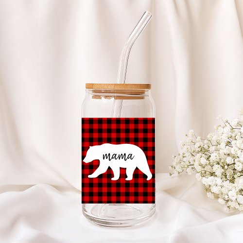 Modern Red Plaid And White Mama Bear Gift Can Glass