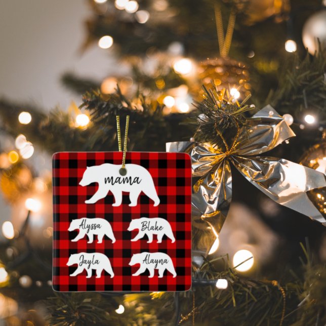 Modern Red Plaid And White Mama Bear Gift Ceramic Ornament (Creator Uploaded)