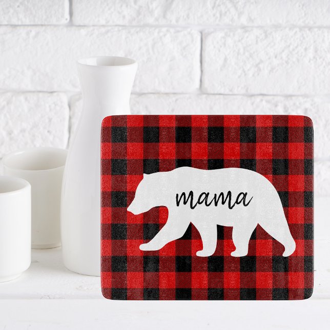 Modern Red Plaid And White Mama Bear Gift Cutting Board (Creator Uploaded)
