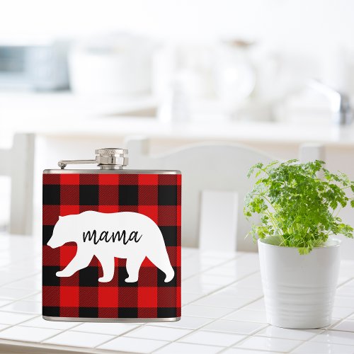 Modern Red Plaid And White Mama Bear Gift Flask