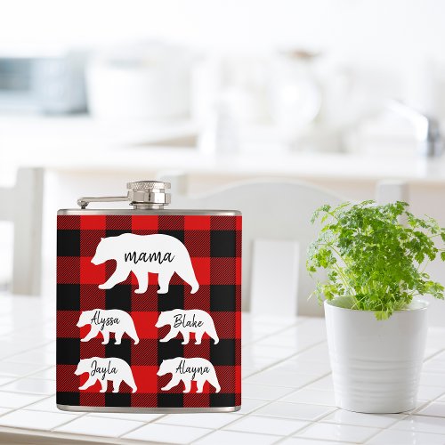 Modern Red Plaid And White Mama Bear Gift Flask
