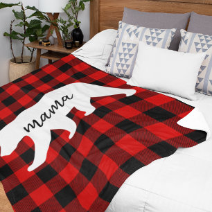 Modern Red Plaid And White Mama Bear Gift Fleece Blanket