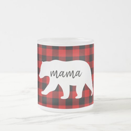 Modern Red Plaid And White Mama Bear Gift Frosted Glass Coffee Mug
