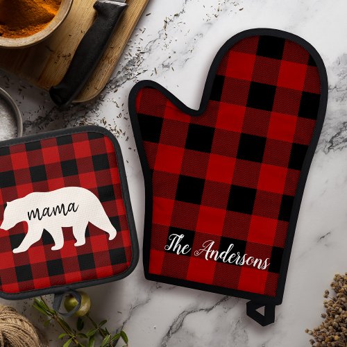 Modern Red Plaid And White Mama Bear Gift Oven Mitt  Pot Holder Set