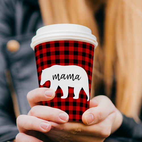 Modern Red Plaid And White Mama Bear Gift Paper Cups
