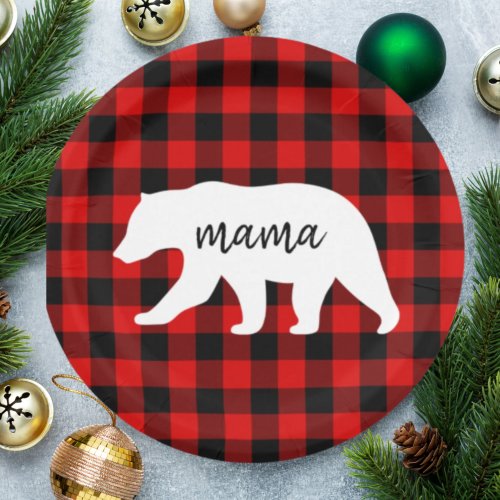 Modern Red Plaid And White Mama Bear Gift Paper Plates