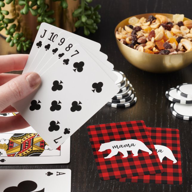 Modern Red Plaid And White Mama Bear Gift Poker Cards (In Situ)