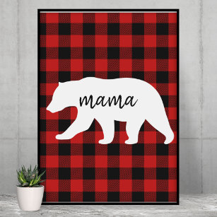 Modern Red Plaid And White Mama Bear Gift Poster