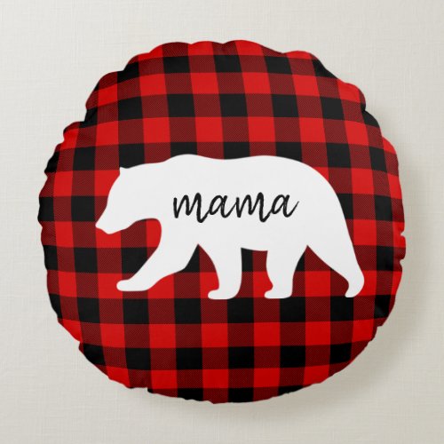 Modern Red Plaid And White Mama Bear Gift Round Pillow