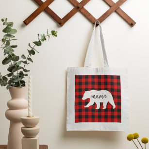 Modern Red Plaid And White Mama Bear Gift Tote Bag